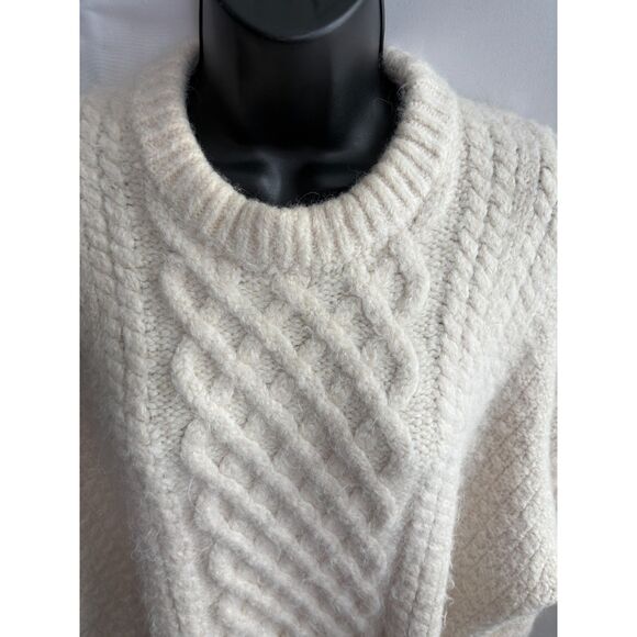 MNG Cream White Cable Knit Wool Blend Sweater Size M Crew Neck Oversized Classic - Picture 2 of 9
